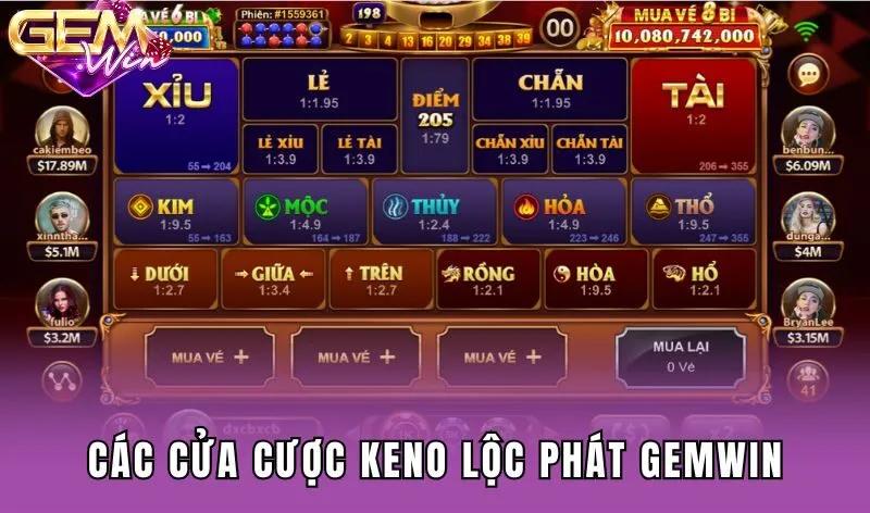 Các cửa cược phổ biến trong Keno lộc phát Gemwin