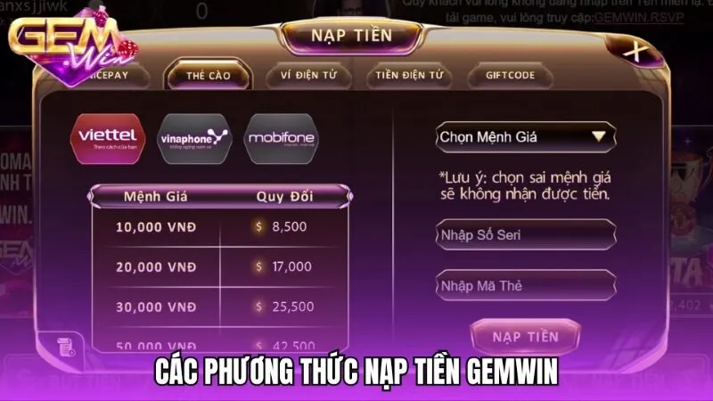 Các phương thức nạp tiền Gemwin phổ biến