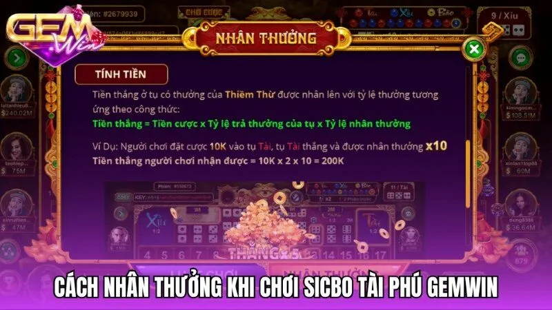 Cách nhận thưởng và công thức tính Sicbo tài phú Gemwin