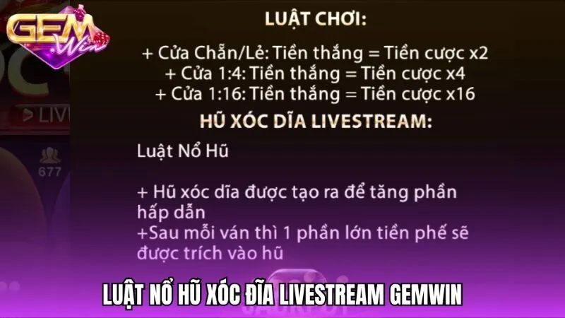 Luật nổ hũ trong trò chơi Xóc đĩa livestream Gemwin