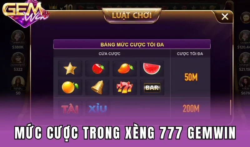 Các bảng mức cược trong Xèng 777 Gemwin